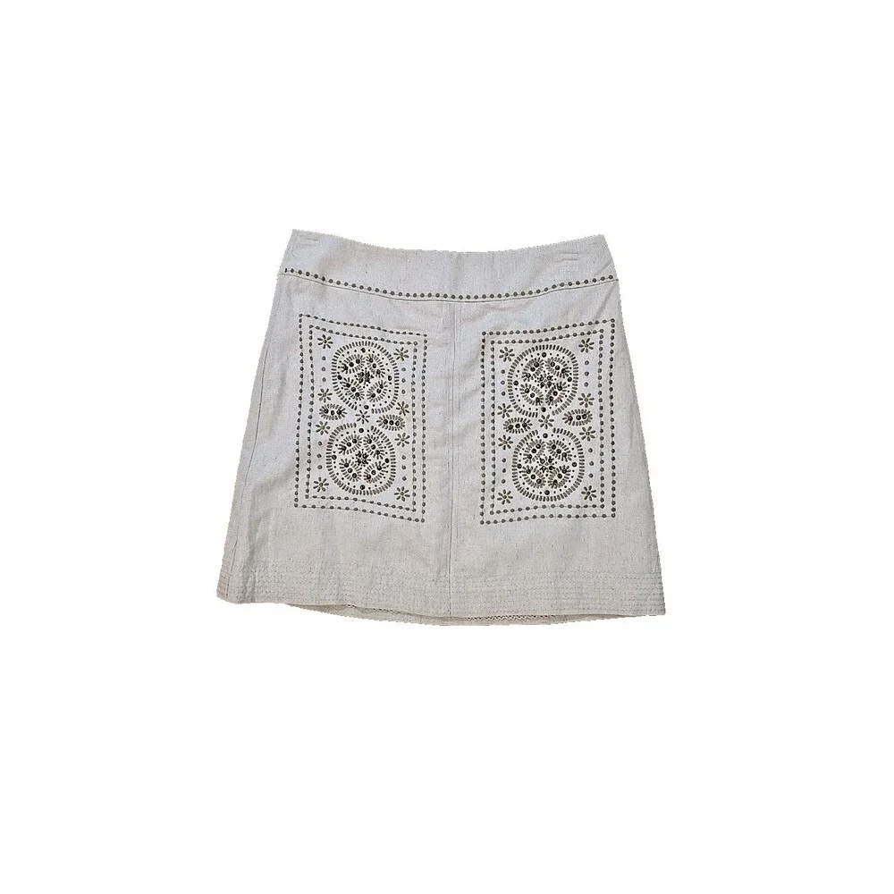 Anthropologie Floreat Linen Blend Beaded Embroidered Skirt 6 Oatmeal Hippie Boho
